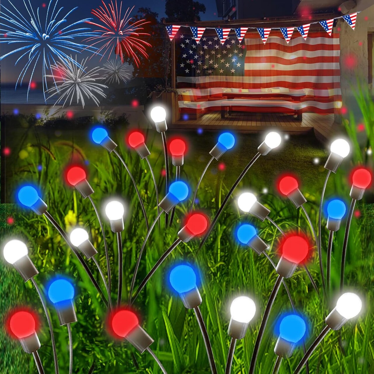 4th of July Decorations, 6 Pack Solar Firefly Lights Outdoor, 36 LED Waterproof Patriotic Decor Garden Lights with 2 Modes for Independence Day National Day Yard Path Decorations (Red White and Blue)